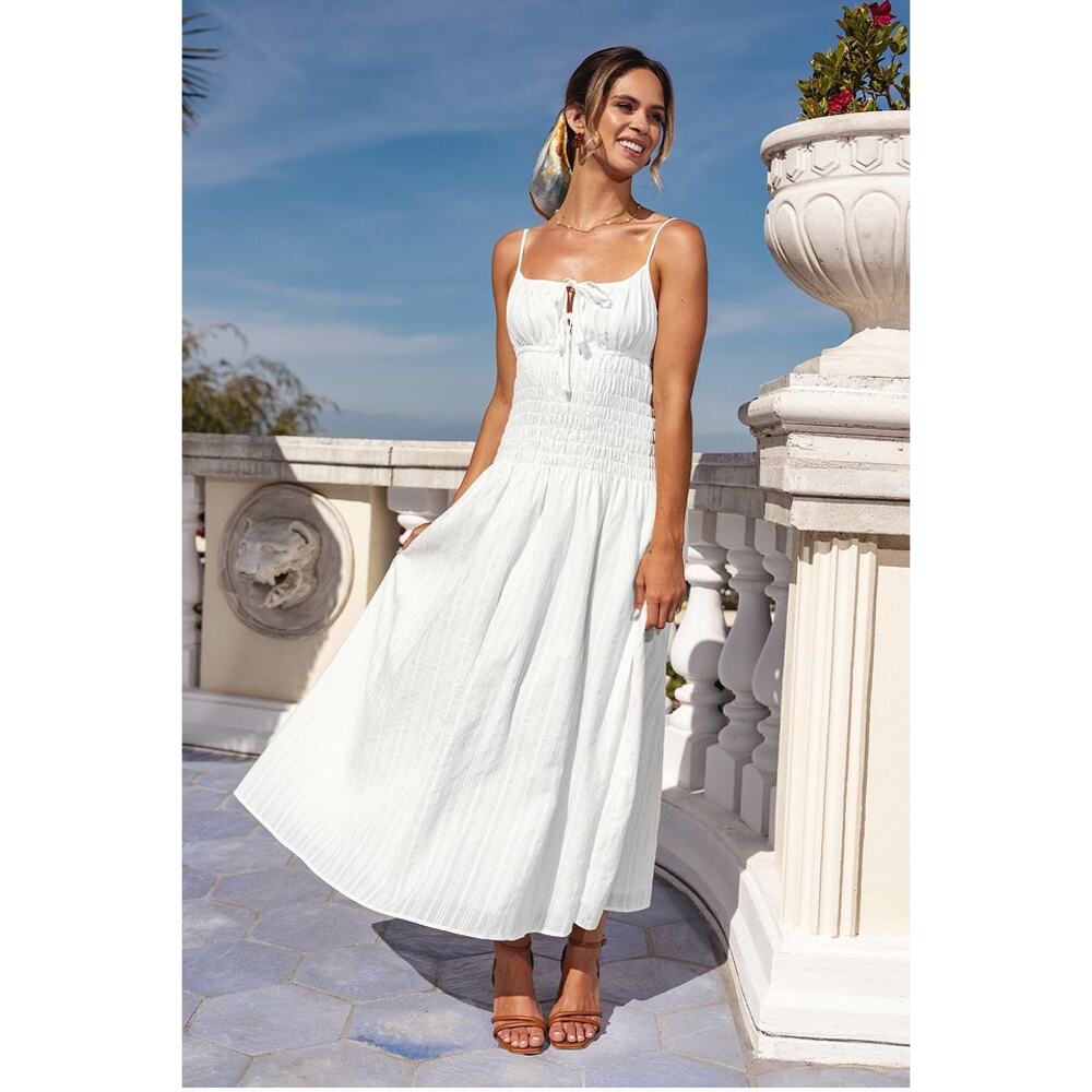 NEW Cupshe x‎ Kelsey Anderson Sunny Side Maxi Dress White Smocked Tie Front MED - Picture 3 of 16